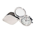 Silver Travel Alarm Clock w/ Magnifying Glass in Leather Case